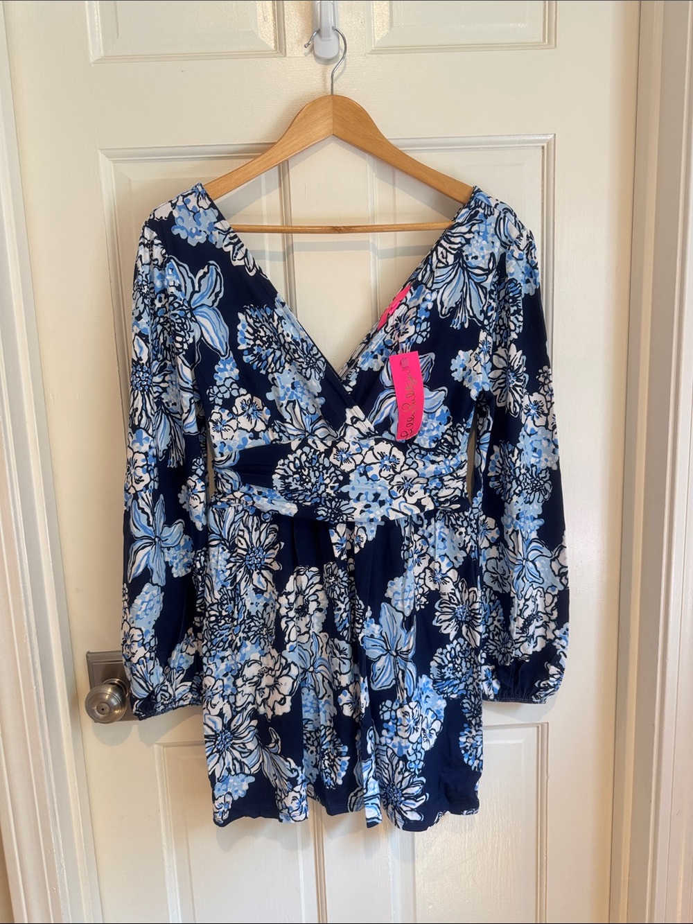 Lilly Pulitzer Navy and Light Blue Floral Wrap Romper size S